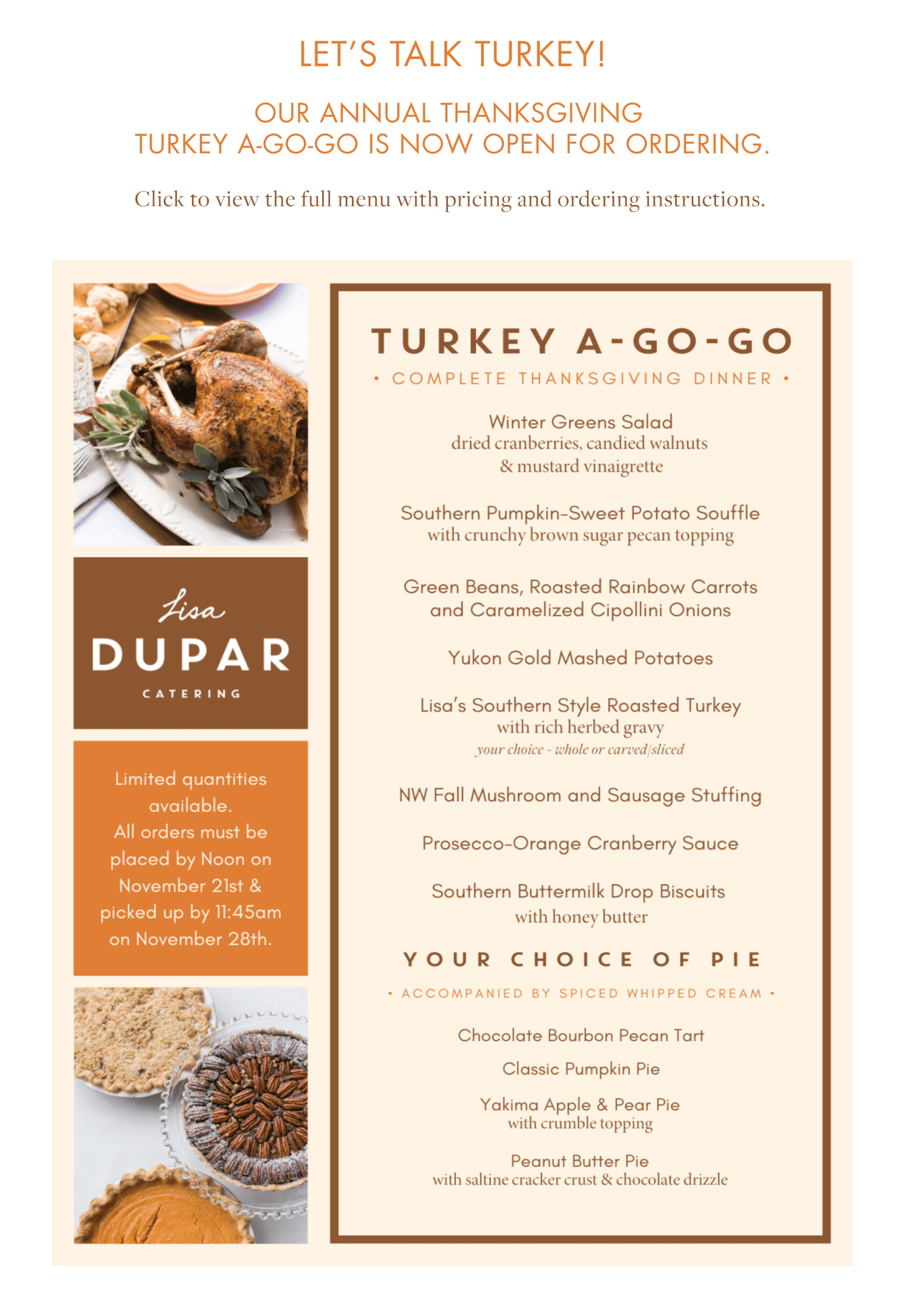 Seattle Catering Catering menu poster for Lisa Dupar Catering's Thanksgiving Turkey A-Go-Go. Includes a detailed Thanksgiving dinner menu and ordering instructions.