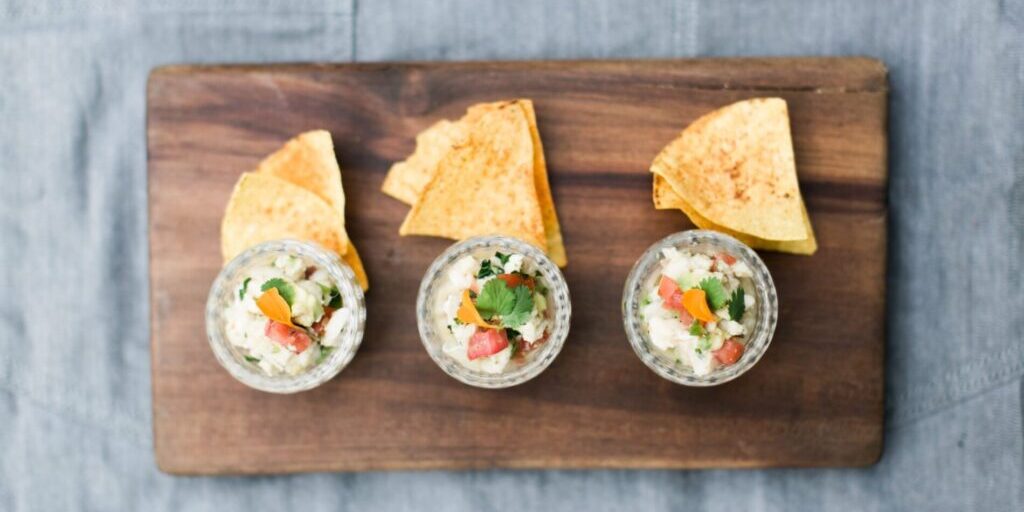 Chips and Dip on a wooden tray | Lisa Dupar Catering | Wedding & Event Catering in Seattle